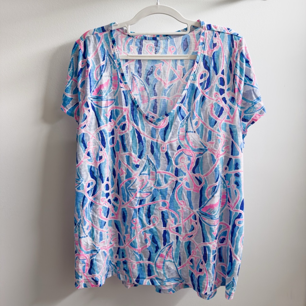 Lilly Pulitzer Etta V-Neck Top Short Sleeve Skim Blue Reel Nauti Size XXL